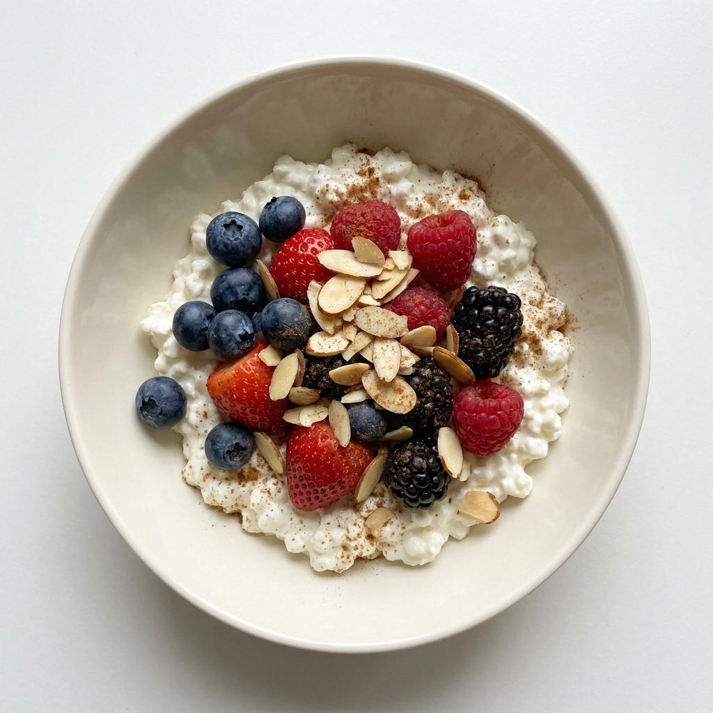 Sweet Berry Almond Cottage Cheese Bowl, prepared as a finished Lila recipe