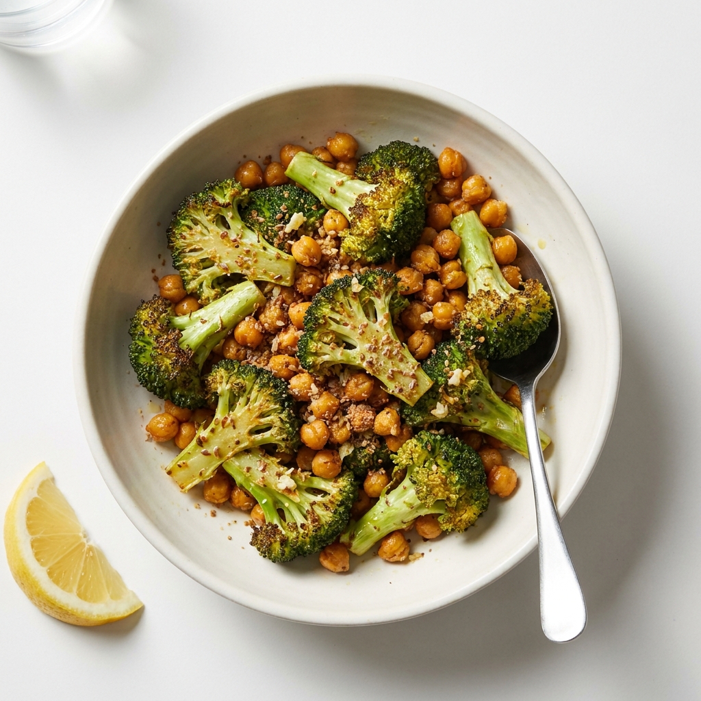 Roasted Garlic Broccoli and Chickpeas, prepared as a finished Lila recipe