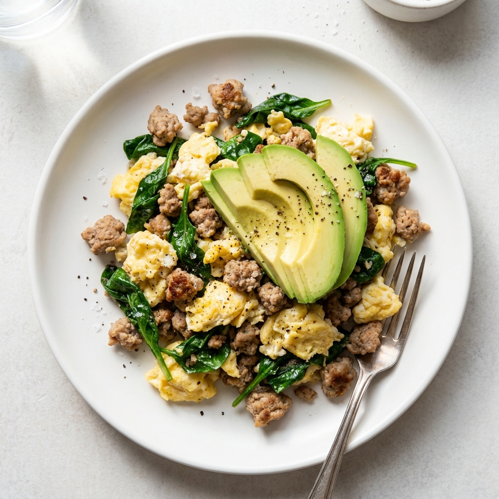 Turkey and Spinach Egg Scramble with Avocado, prepared as a finished Lila recipe