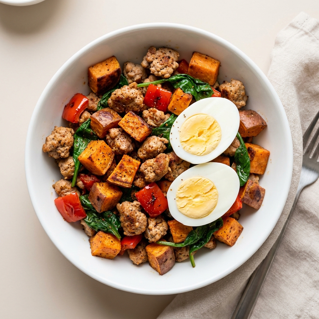 Paleo Turkey Sausage and Sweet Potato Hash Bowls, prepared as a finished Lila recipe