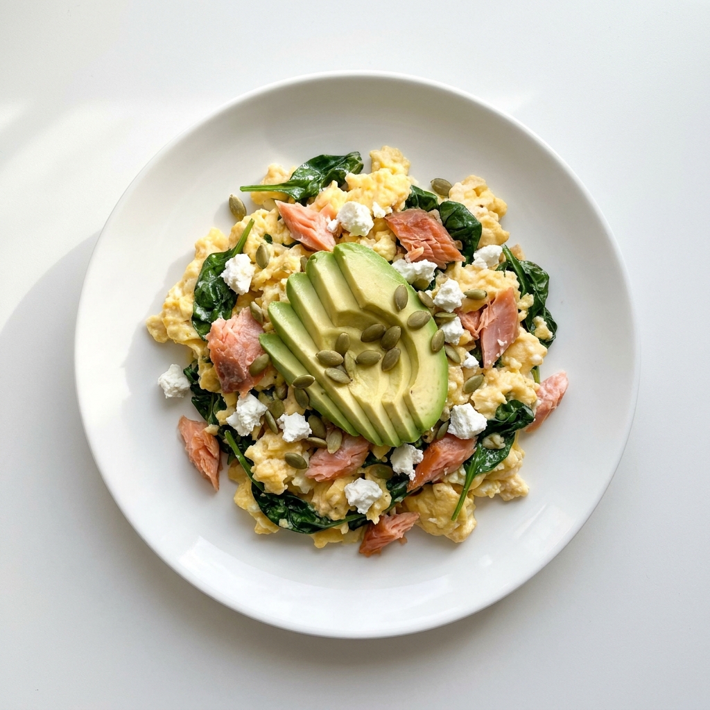 Smoked Salmon and Goat Cheese Scramble, prepared as a finished Lila recipe