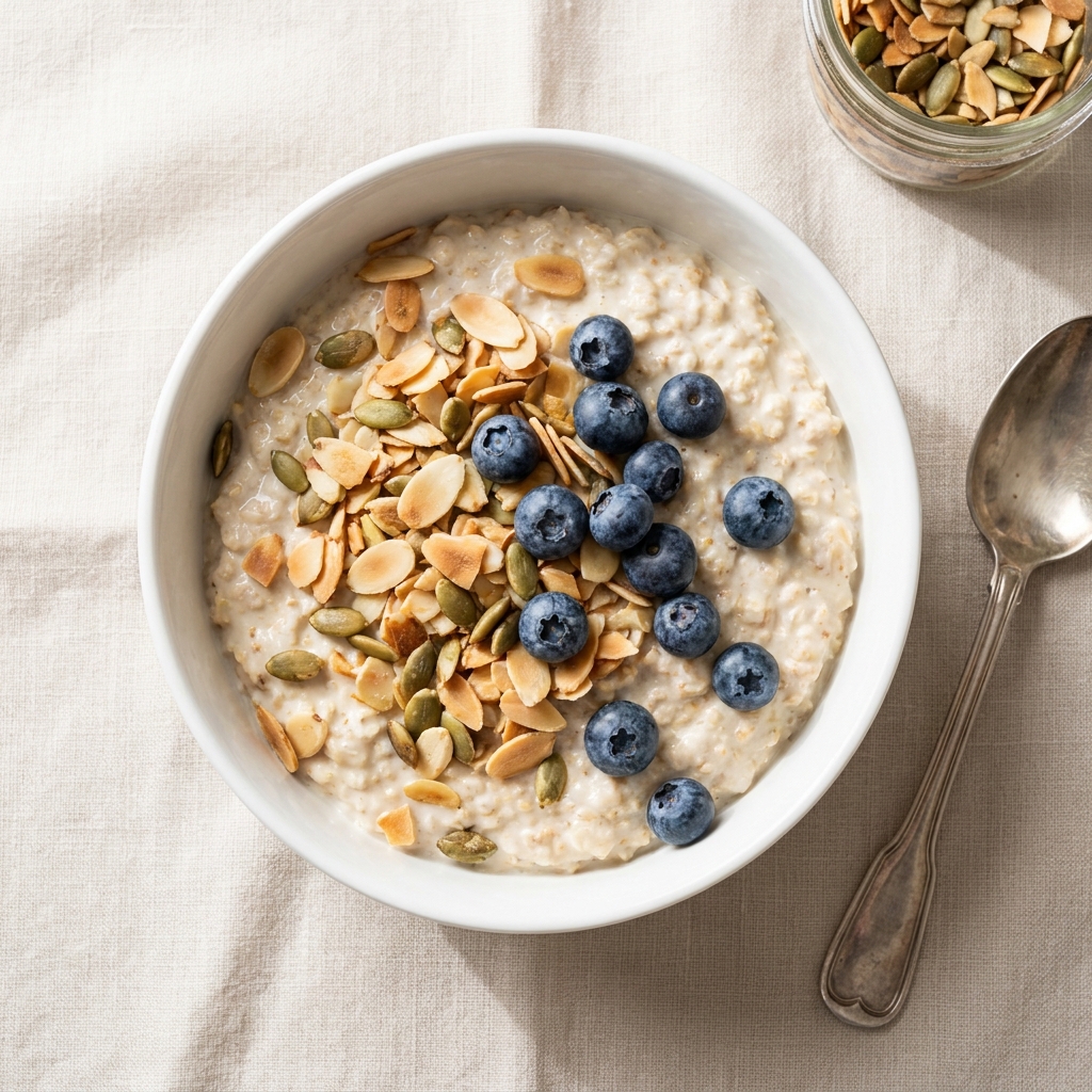 High-Protein Crunchy Seed and Almond Overnight Oats, prepared as a finished Lila recipe
