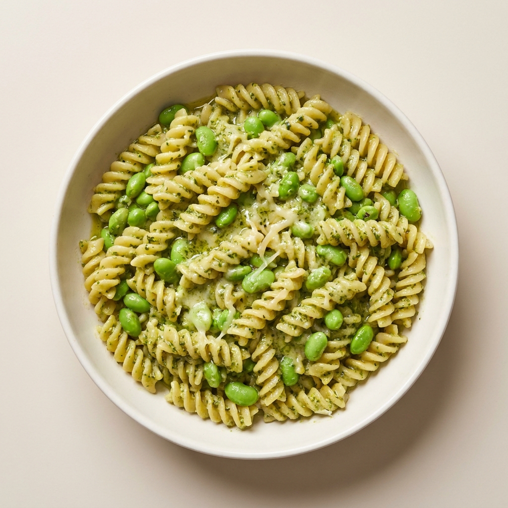 High-Protein Pesto Edamame Pasta, prepared as a finished Lila recipe