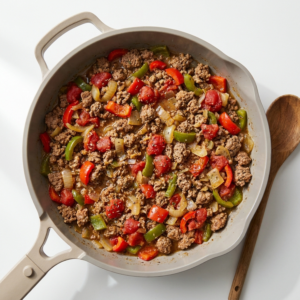 One-Pan Ground Beef and Sweet Pepper Skillet, prepared as a finished Lila recipe