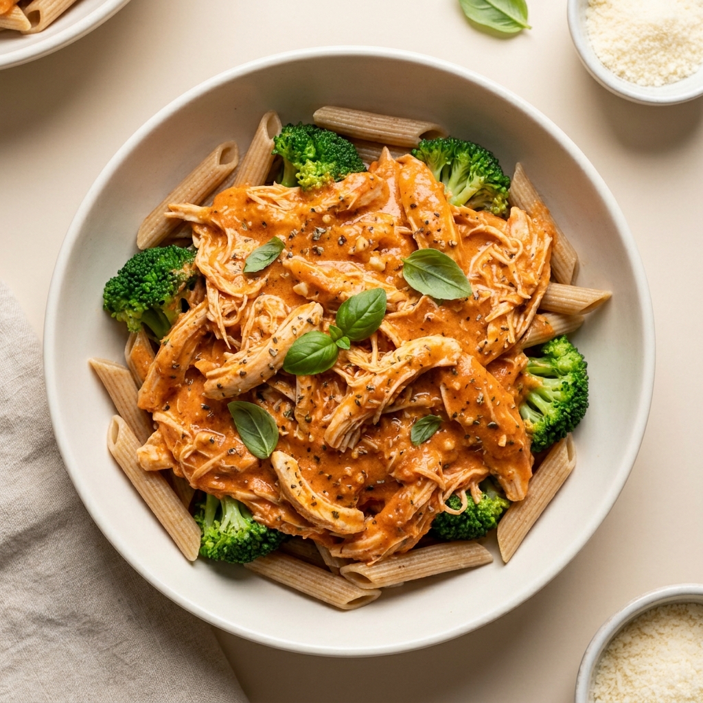 Slow Cooker Creamy Tomato Shredded Chicken, prepared as a finished Lila recipe