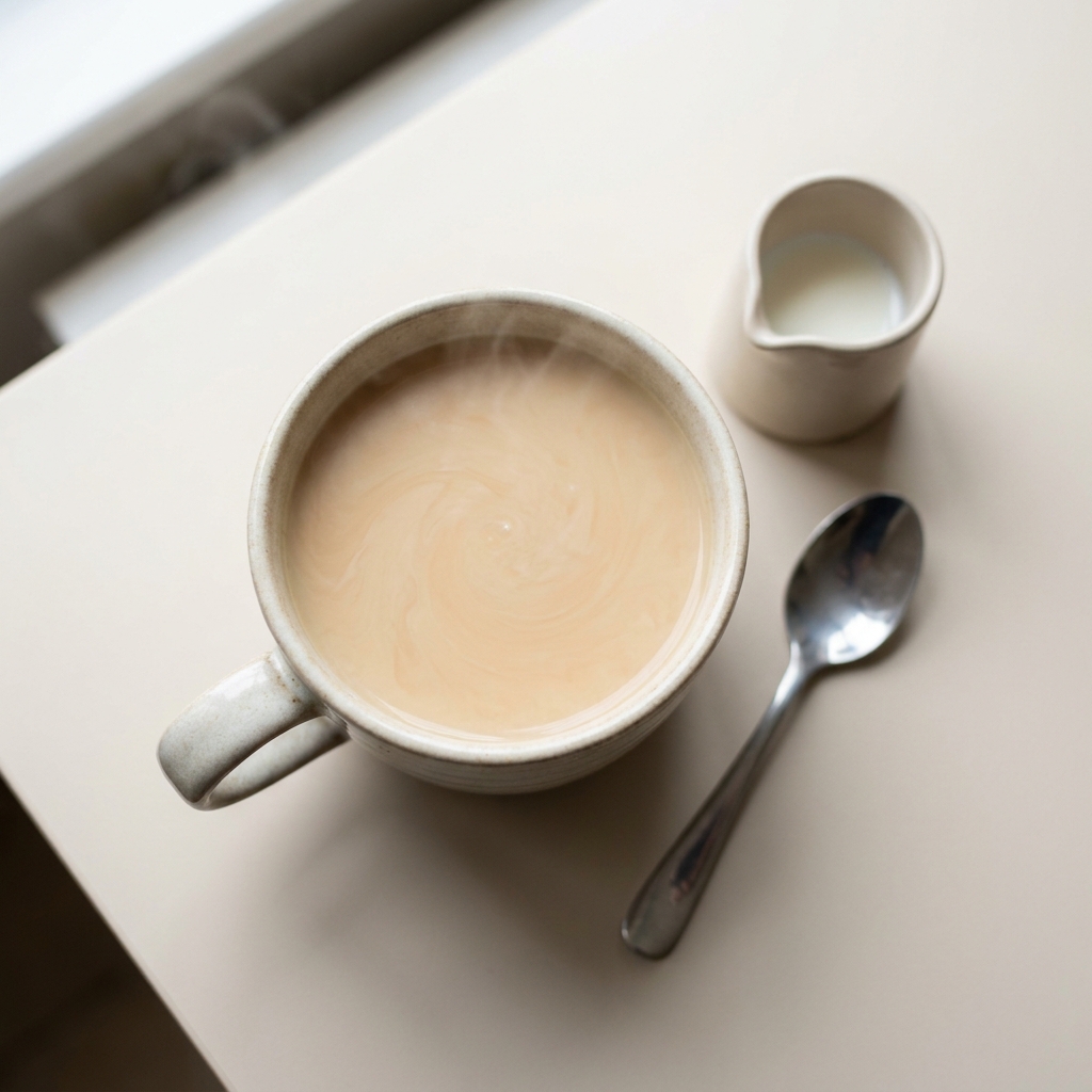Warm Decaf Tea with Goat's Milk, prepared as a finished Lila recipe