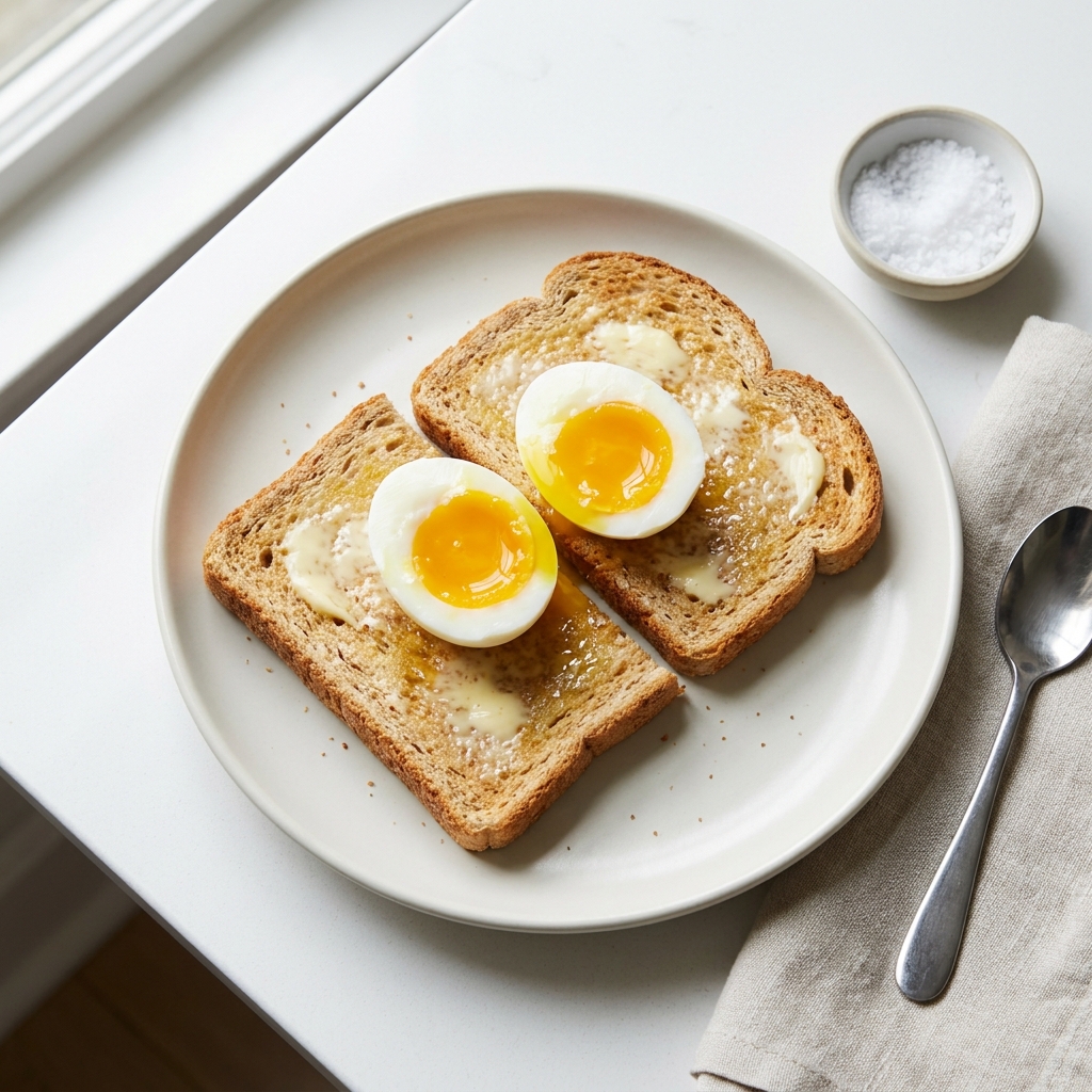 Soft-Boiled Eggs on Buttered Toast, prepared as a finished Lila recipe