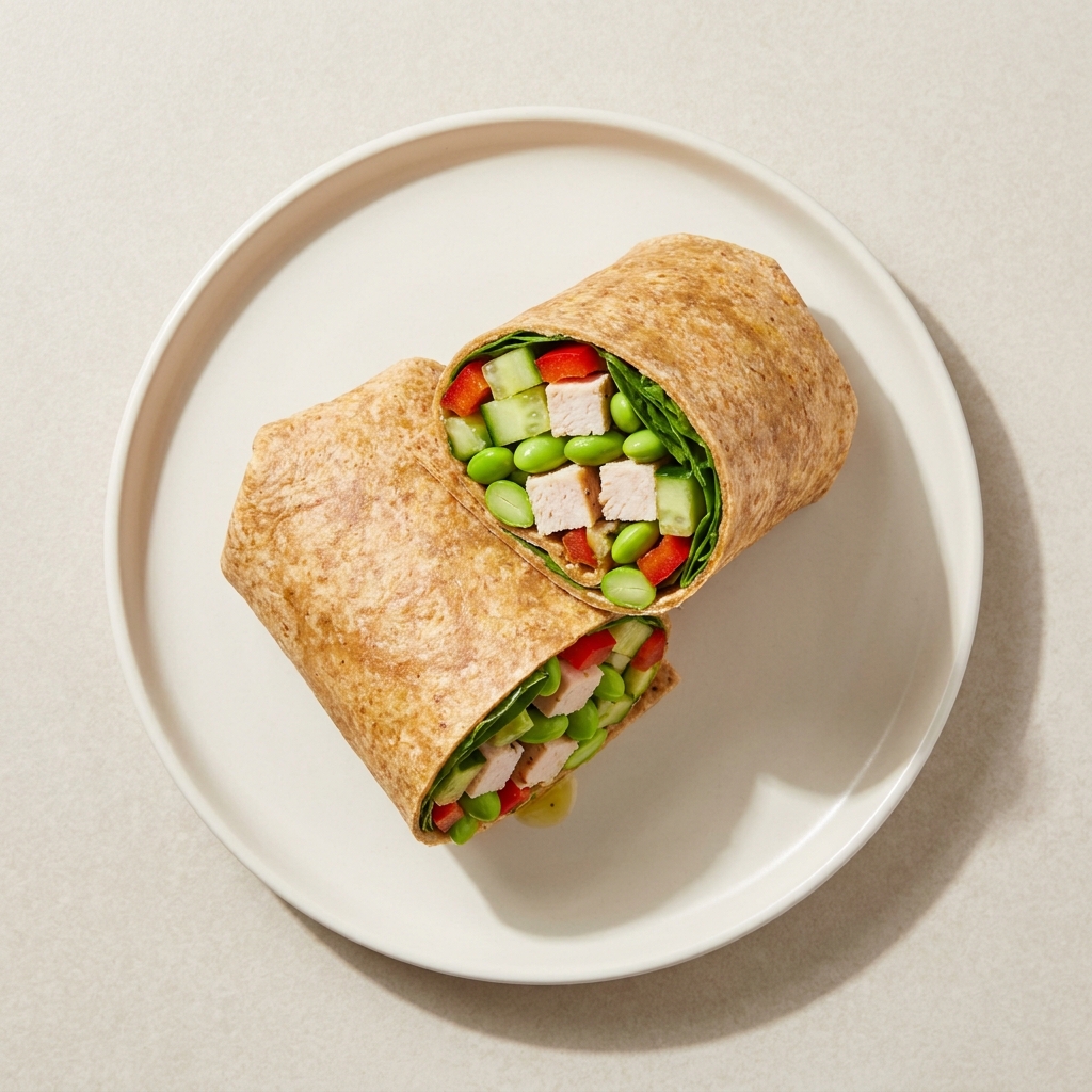 Mediterranean Turkey and Edamame Salad Wrap, prepared as a finished Lila recipe