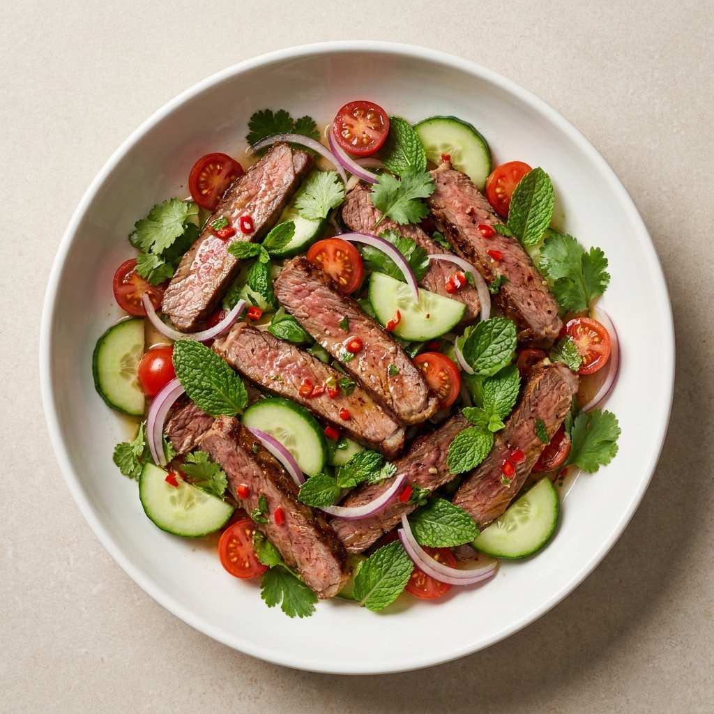 Thai Zesty Beef and Fresh Herb Salad, prepared as a finished Lila recipe