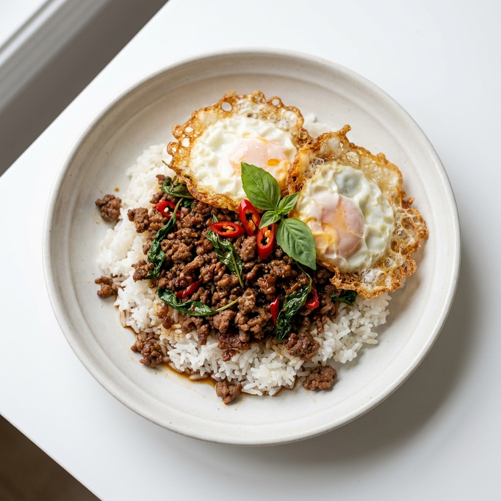 Thai Basil Beef Mince with Jasmine Rice and Crispy Eggs, prepared as a finished Lila recipe