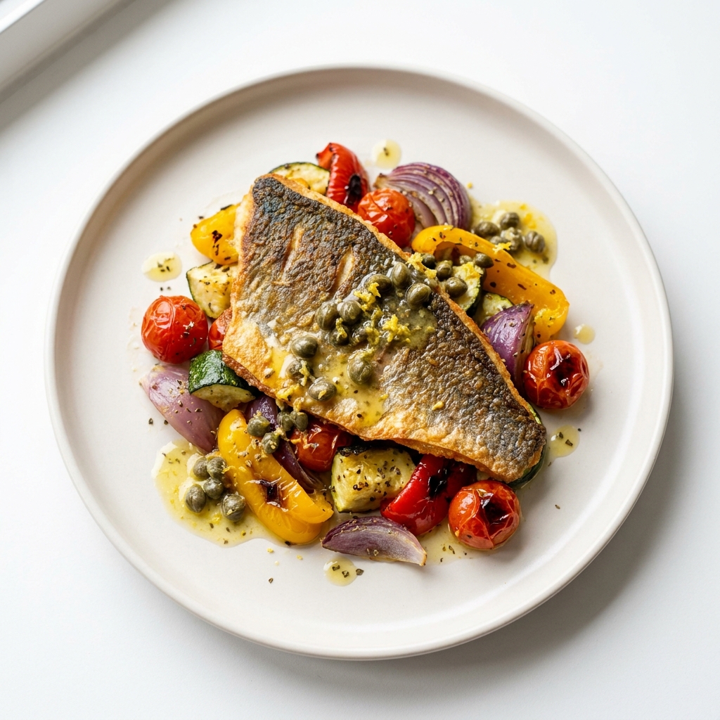 Air-Fried Lemon Caper Sea Bass with Mediterranean Vegetables, prepared as a finished Lila recipe