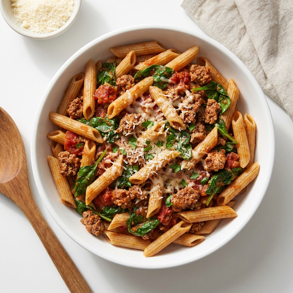 One-Skillet Beef and Spinach Garlic Penne, prepared as a finished Lila recipe