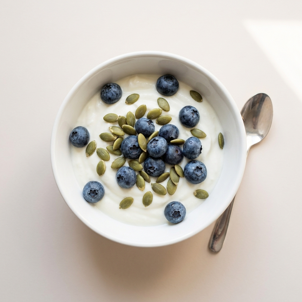 Sheep's Milk Yogurt with Pumpkin Seeds and Blueberries, prepared as a finished Lila recipe