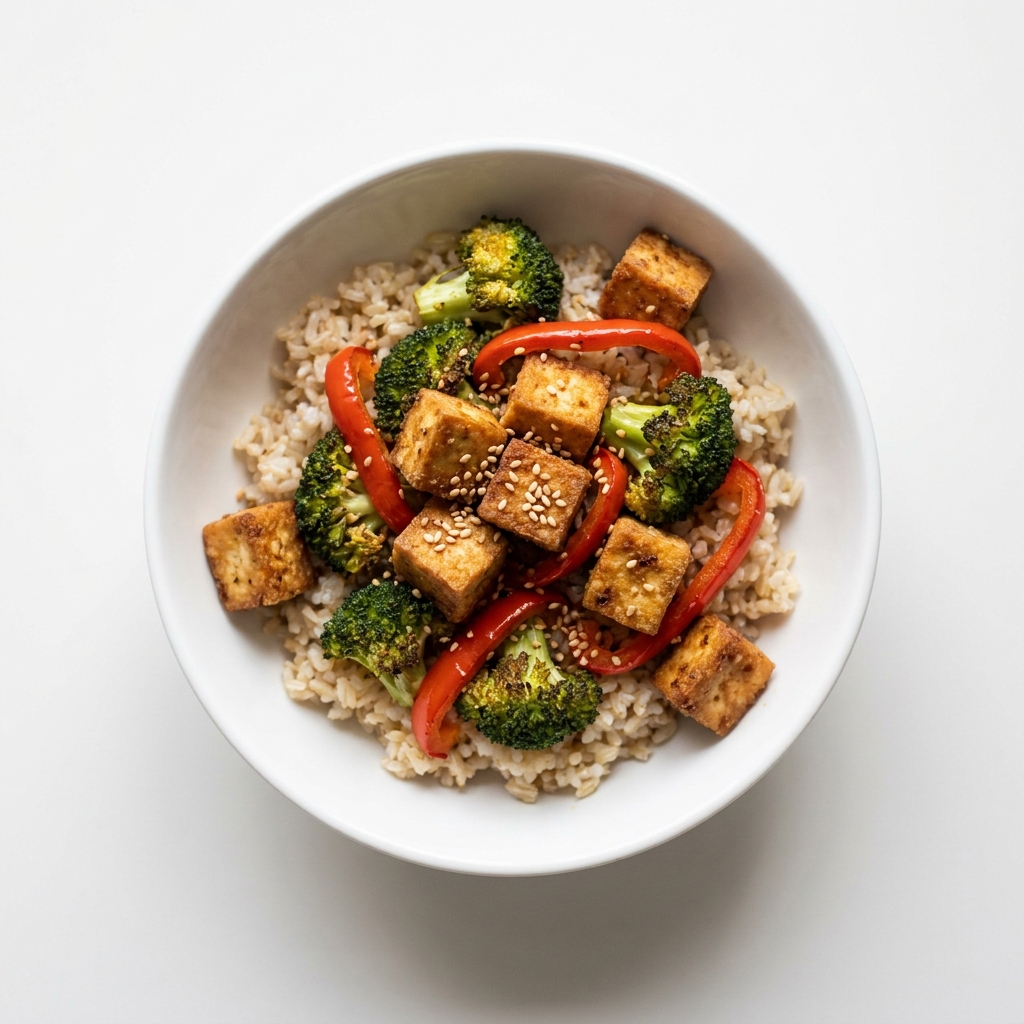 Crispy Baked Tofu and Broccoli Brown Rice Bowl, prepared as a finished Lila recipe