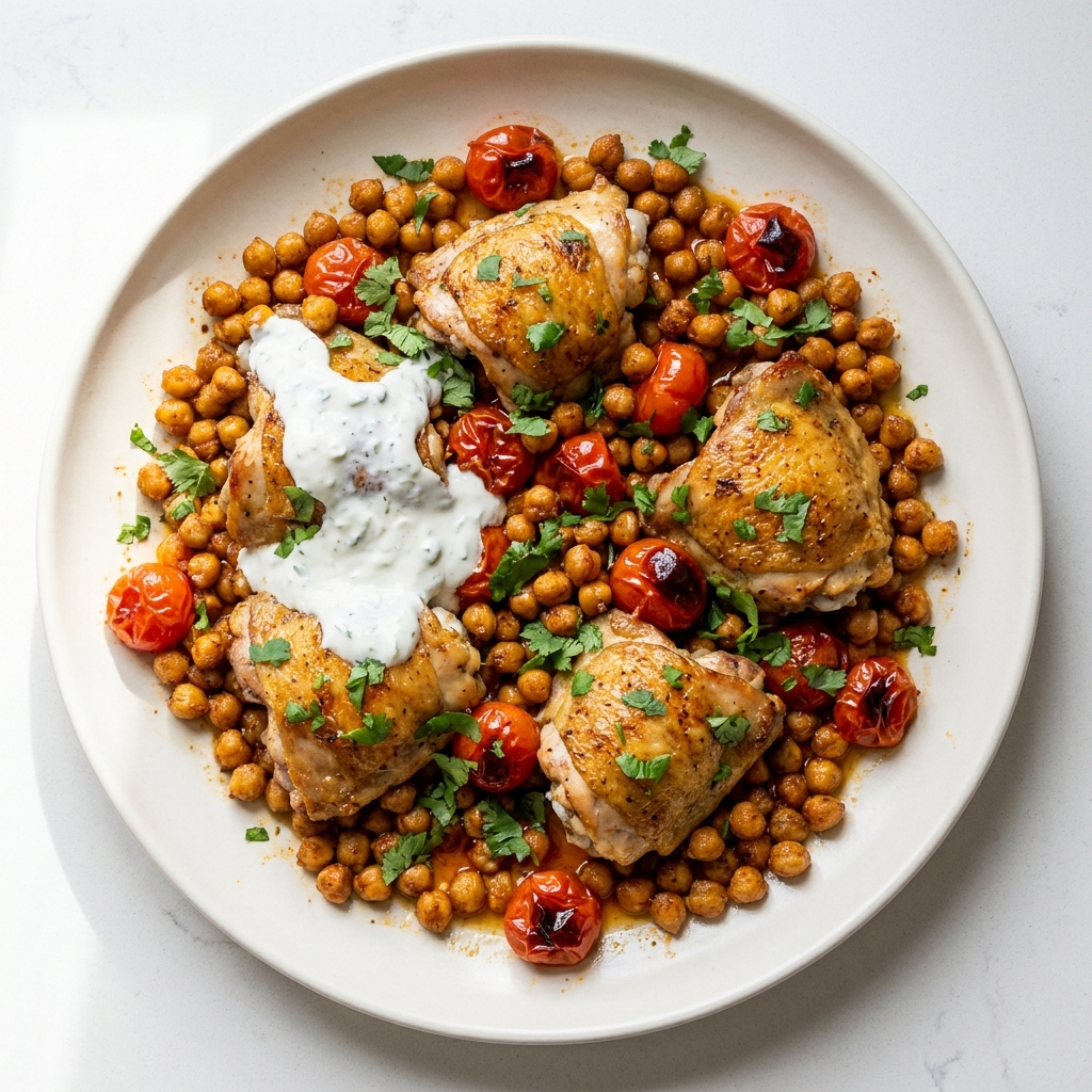 Roasted Chicken and Chickpea Tray Bake, prepared as a finished Lila recipe
