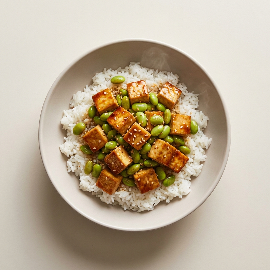 Quick Tofu Edamame Jasmine Rice Bowl, prepared as a finished Lila recipe