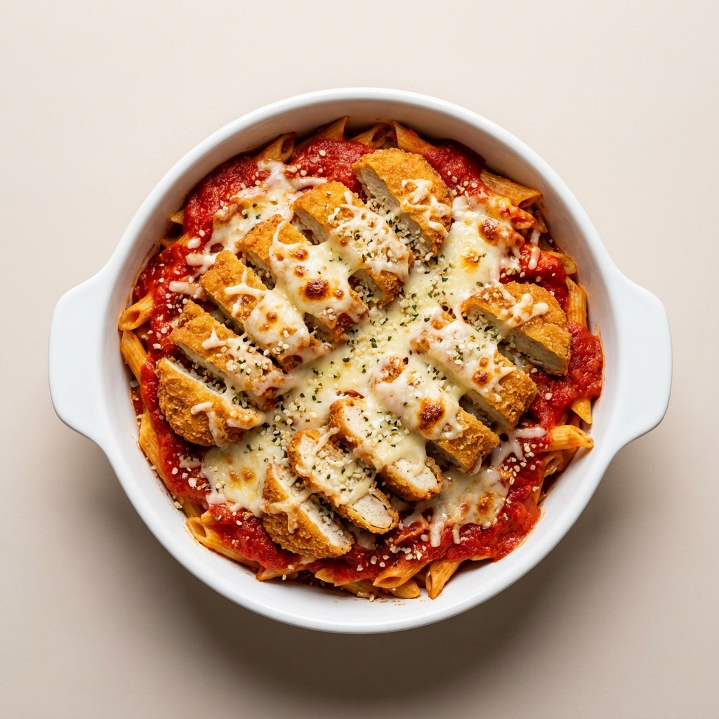 Crispy Impossible Chicken Parmesan Pasta Bake, prepared as a finished Lila recipe