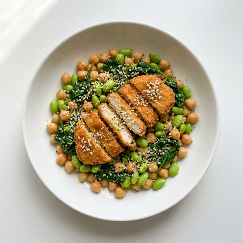 Crispy Impossible Nugget Chickpea & Edamame Bowl, prepared as a finished Lila recipe