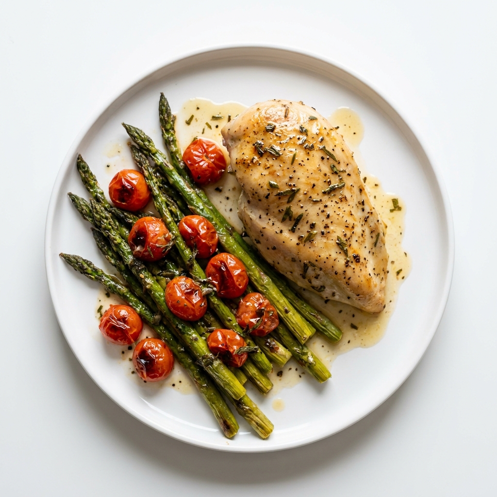 Sheet Pan Tarragon Chicken and Roasted Asparagus, prepared as a finished Lila recipe