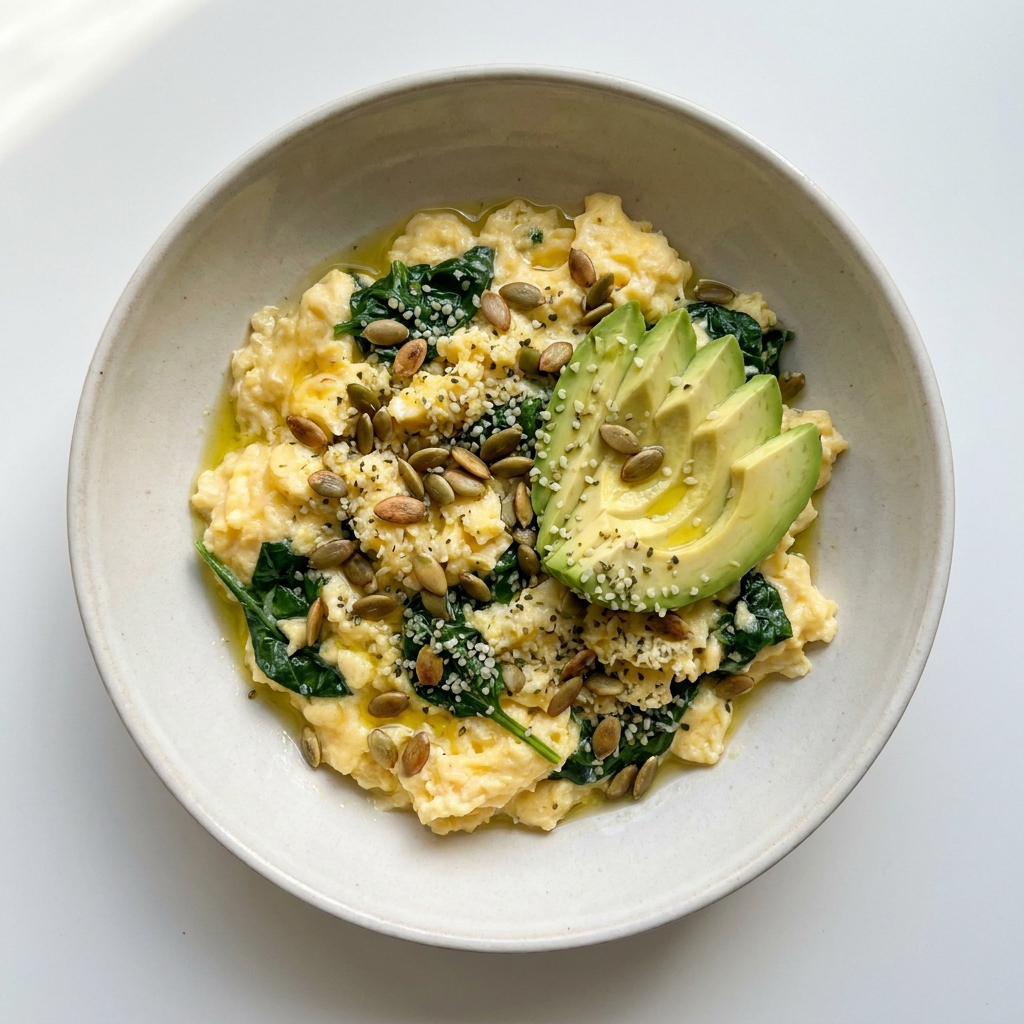Pumpkin Seed and Avocado Egg Breakfast Skillet, prepared as a finished Lila recipe