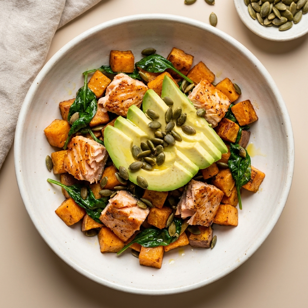 Warm Salmon and Sweet Potato Hash with Pumpkin Seeds, prepared as a finished Lila recipe