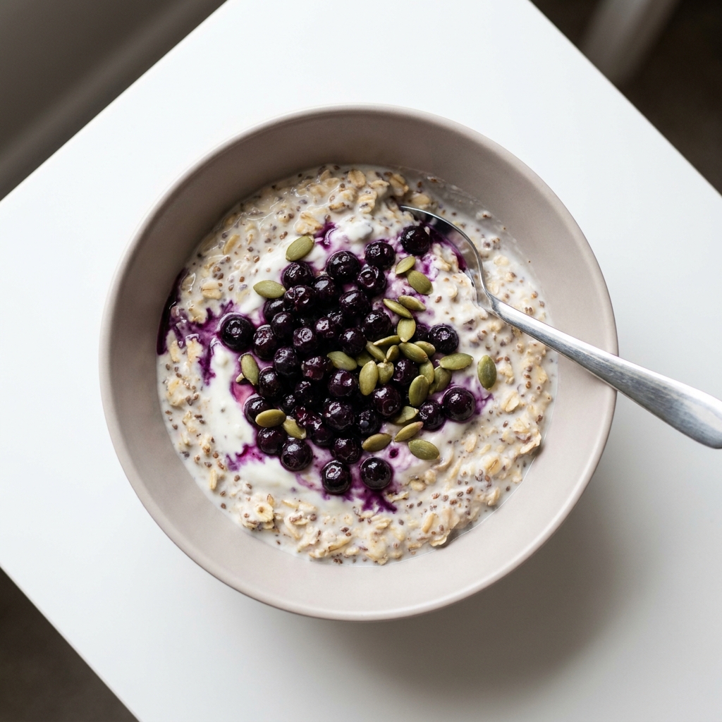 Creamy Flax and Greek Yogurt Overnight Oats, prepared as a finished Lila recipe