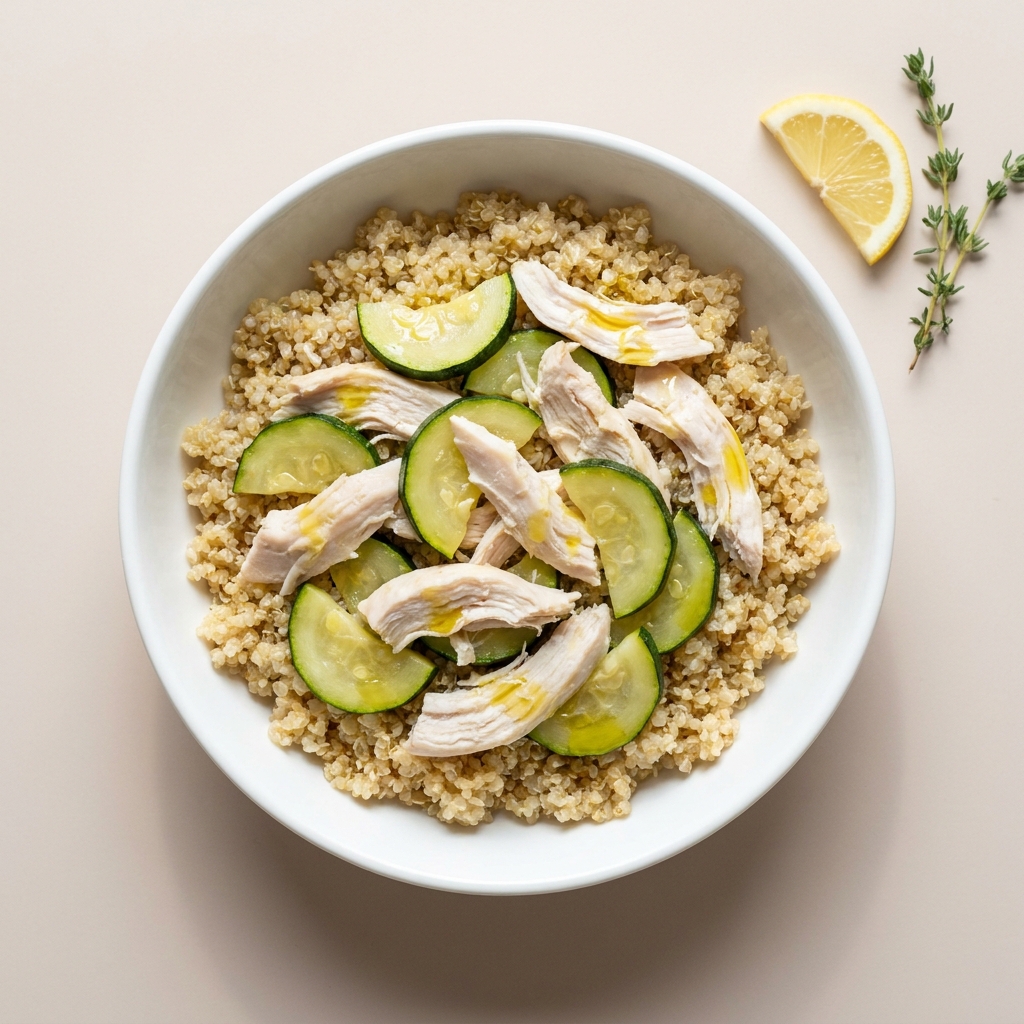 Gentle Lemon Chicken and Quinoa Lunch Bowl, prepared as a finished Lila recipe