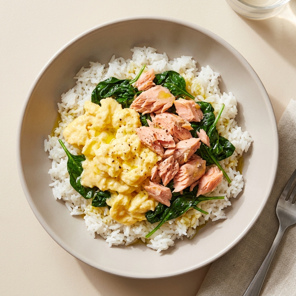 Gentle Salmon and Soft Scrambled Egg Rice Bowl, prepared as a finished Lila recipe