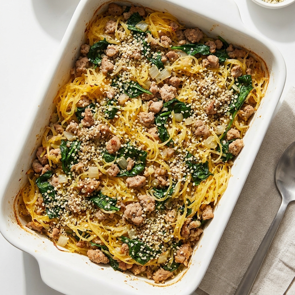 Garlic Herb Turkey Spaghetti Squash Casserole with Hemp, prepared as a finished Lila recipe