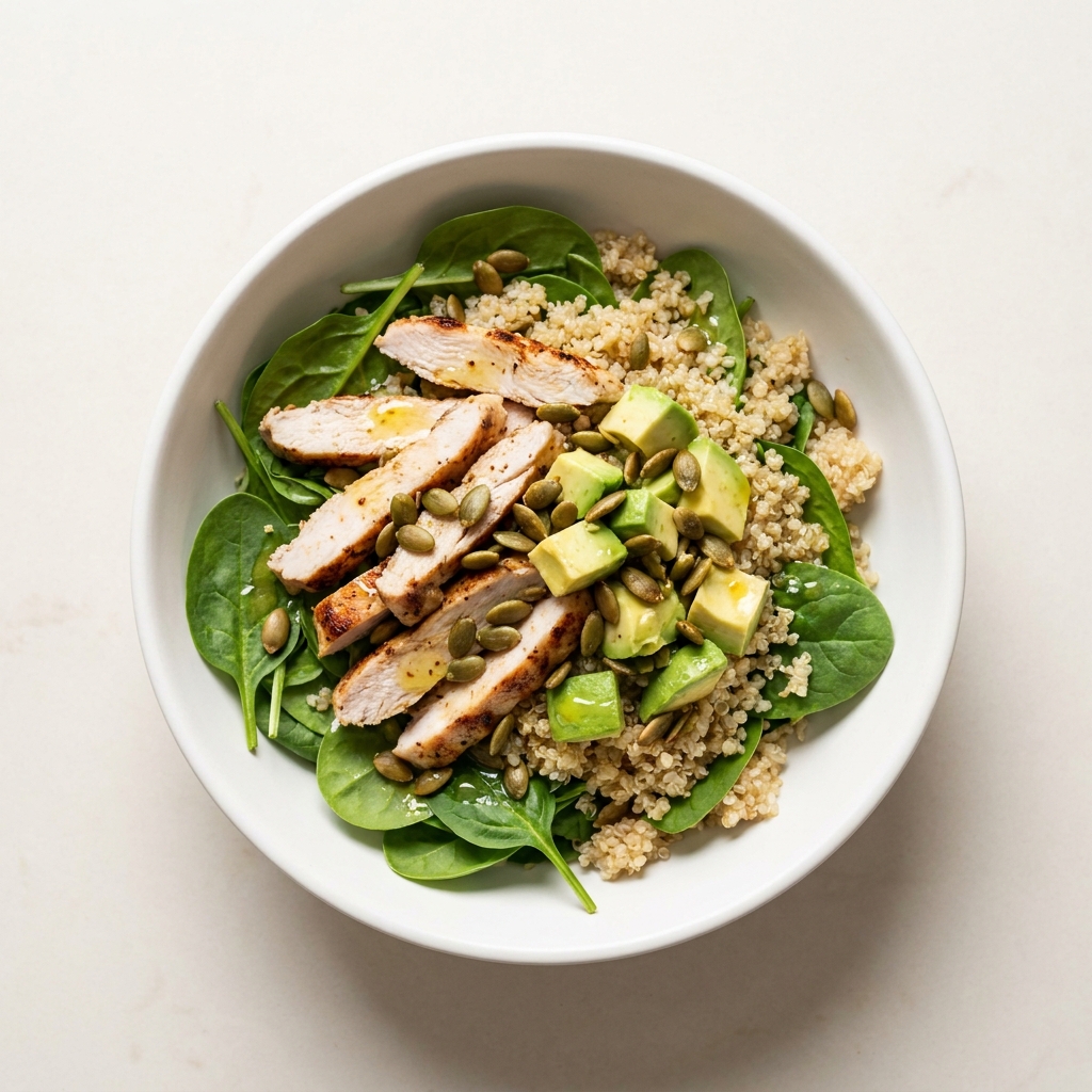 Turkey Avocado and Pumpkin Seed Grain Bowl, prepared as a finished Lila recipe