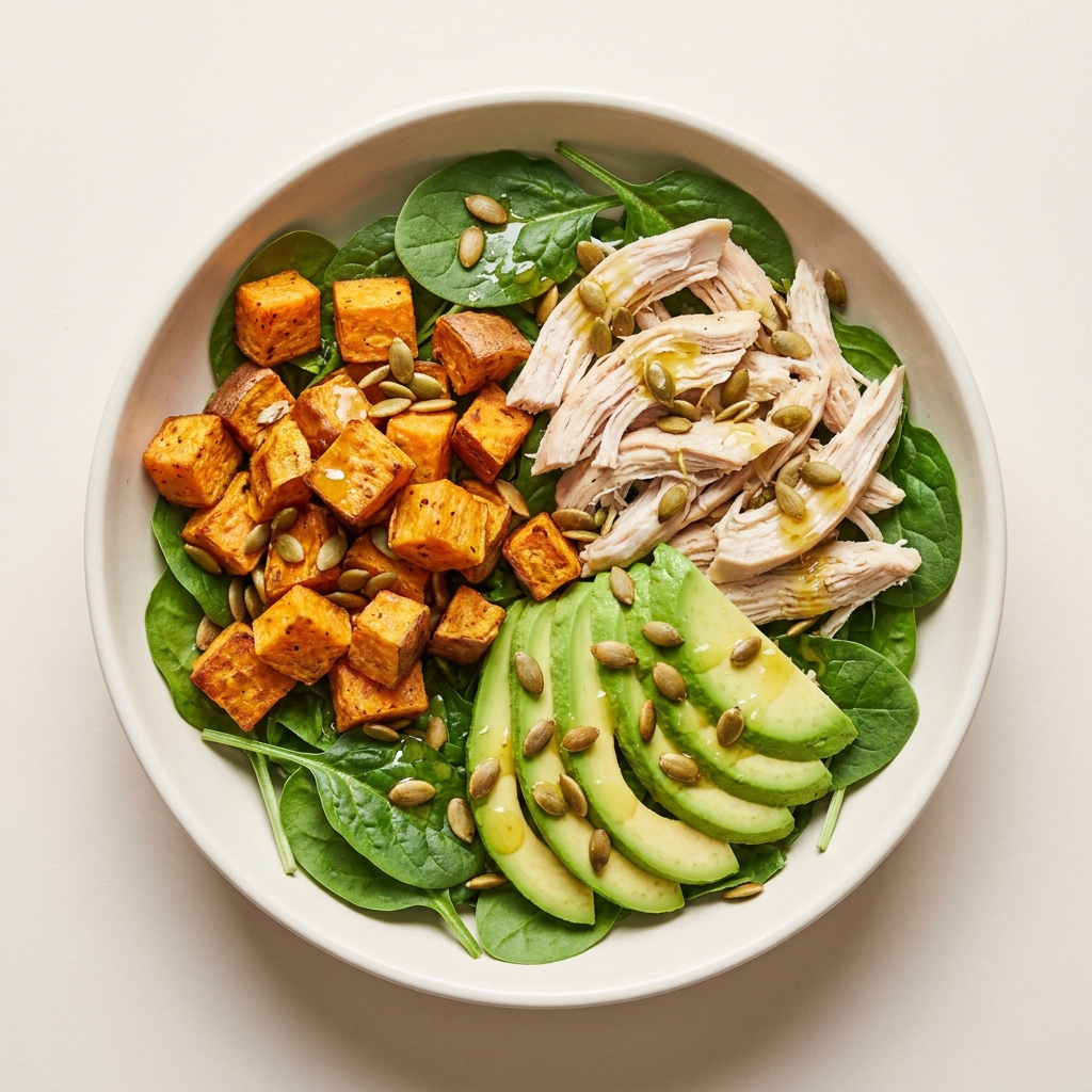 Shredded Chicken and Sweet Potato Power Bowl, prepared as a finished Lila recipe