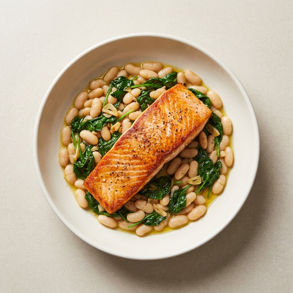 Pan-Seared Salmon with Garlic White Beans and Spinach, prepared as a finished Lila recipe