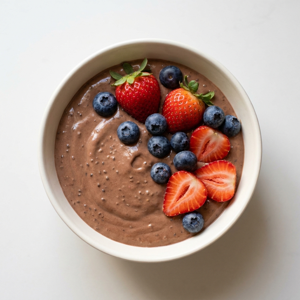 High Protein Chocolate Berry Greek Yogurt Pudding Bowl, prepared as a finished Lila recipe