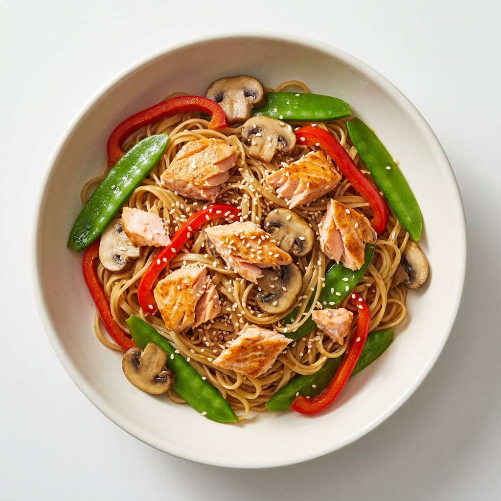 Ginger Tamari Salmon and Veggie Rice Noodle Stir-Fry, prepared as a finished Lila recipe
