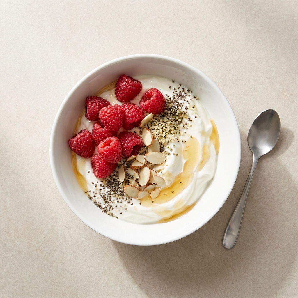 Vanilla Raspberry Seeded Greek Yogurt Bowl, prepared as a finished Lila recipe