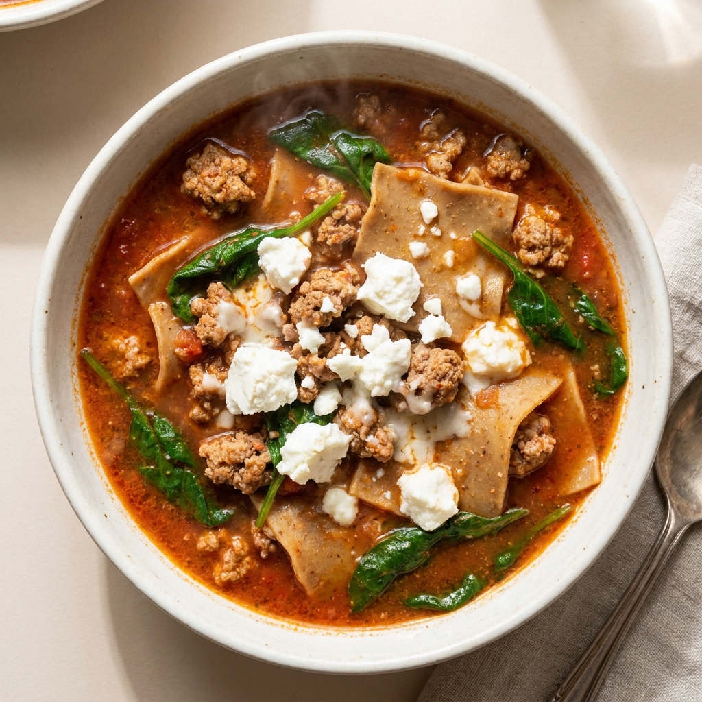 Hearty Goat Cheese Lasagna Soup, prepared as a finished Lila recipe
