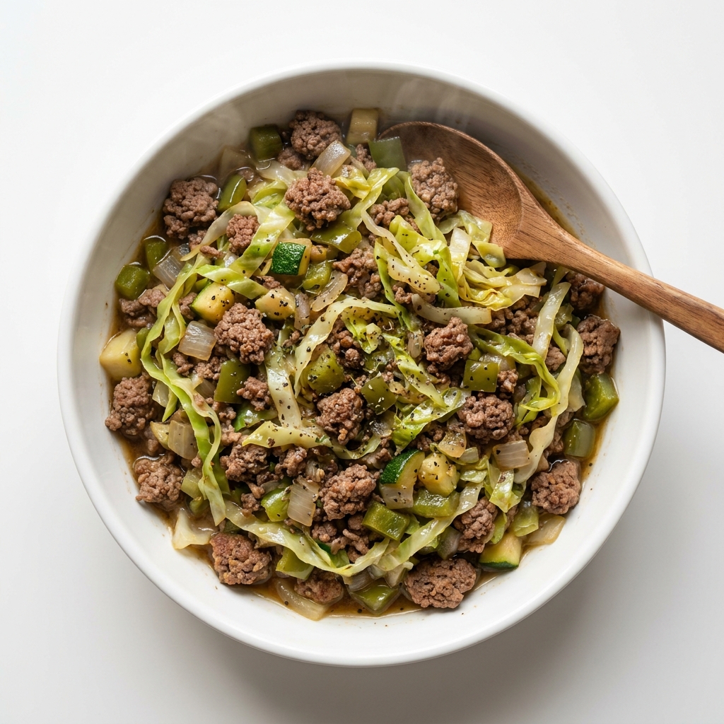 Savory Beef and Cabbage Pepper Skillet, prepared as a finished Lila recipe
