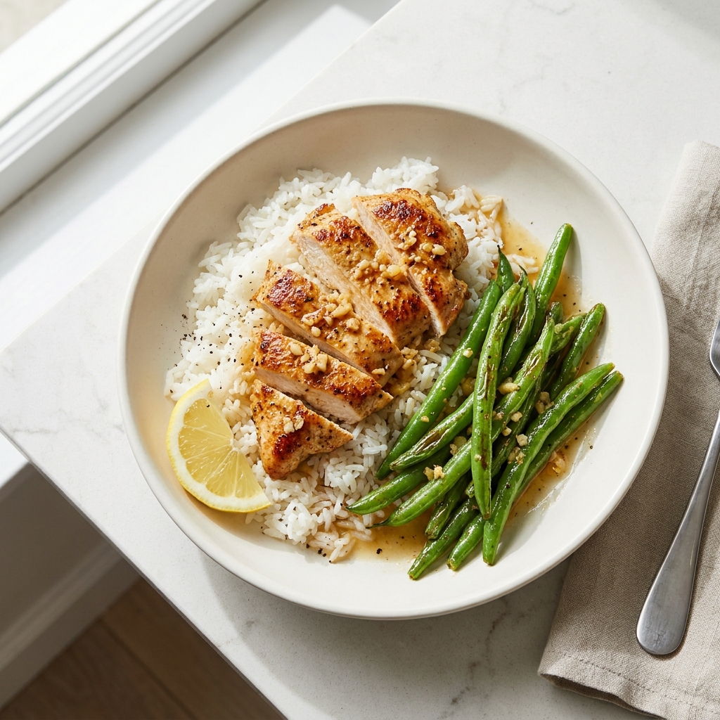10-Minute Garlic Lemon Chicken and Jasmine Rice Bowl, prepared as a finished Lila recipe