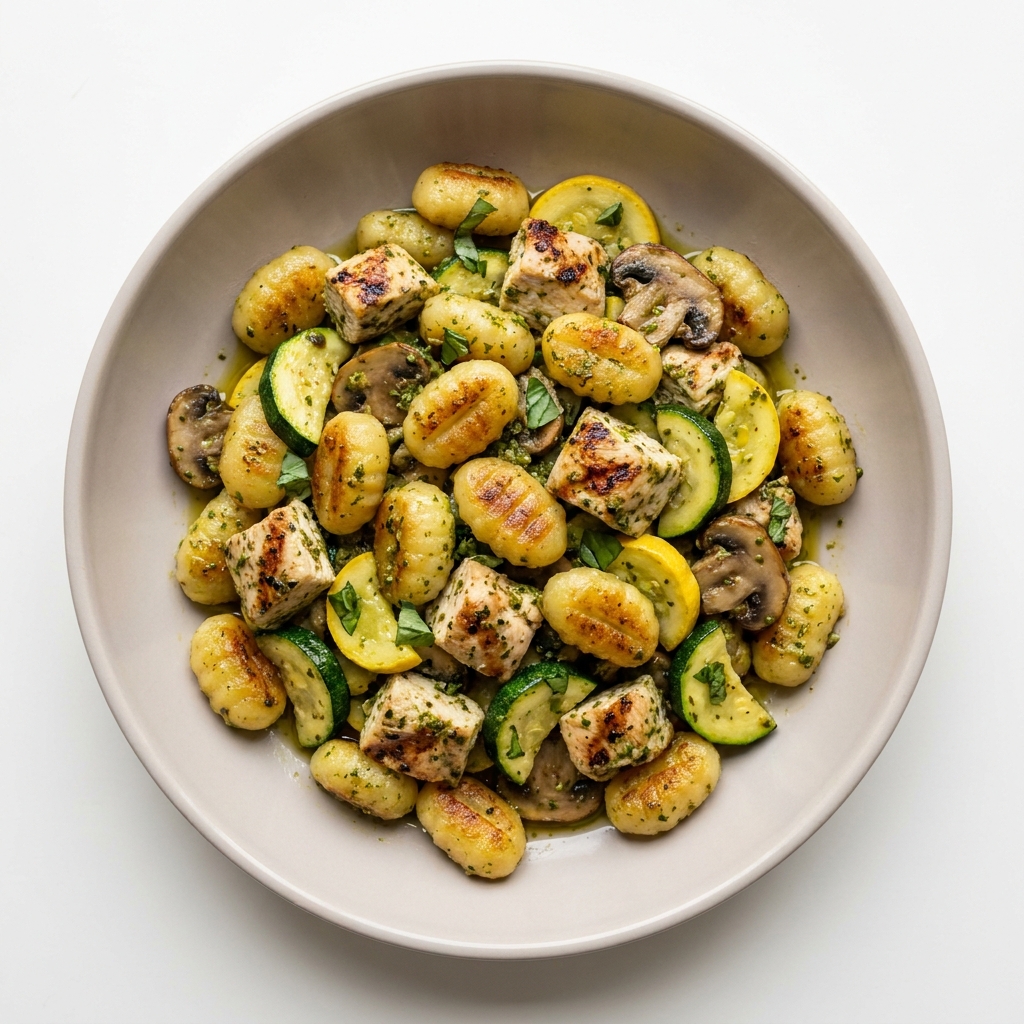 Pesto Grilled Chicken Gnocchi Skillet, prepared as a finished Lila recipe