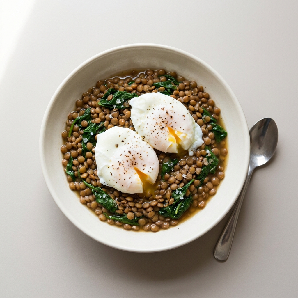 Warm Stewed Brown Lentils with Soft Eggs, prepared as a finished Lila recipe