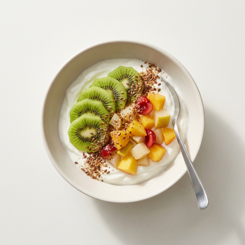 High-Protein Greek Yogurt with Kiwi and Flaxseed, prepared as a finished Lila recipe