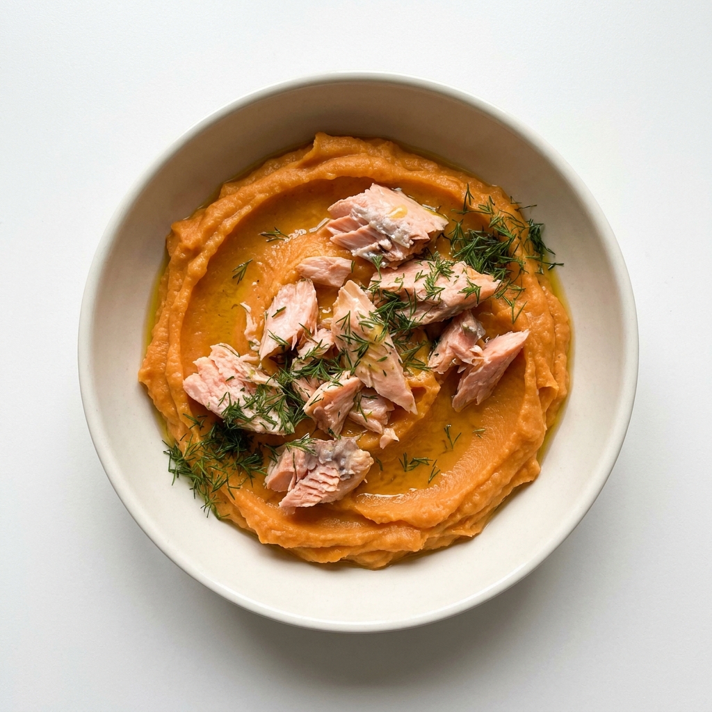 Gentle Warm Sweet Potato and Pink Salmon Bowl, prepared as a finished Lila recipe