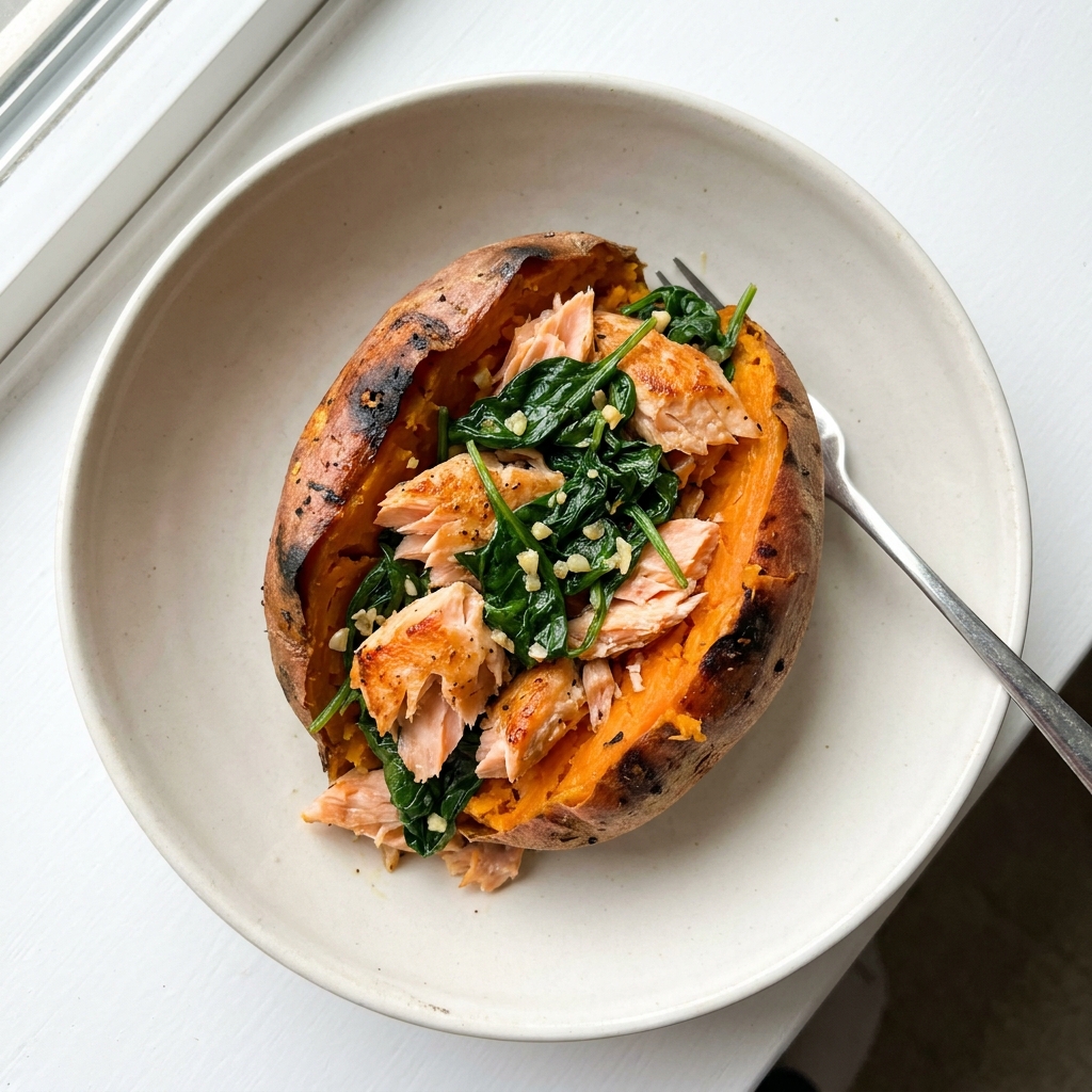 Roasted Salmon Stuffed Sweet Potato with Spinach, prepared as a finished Lila recipe