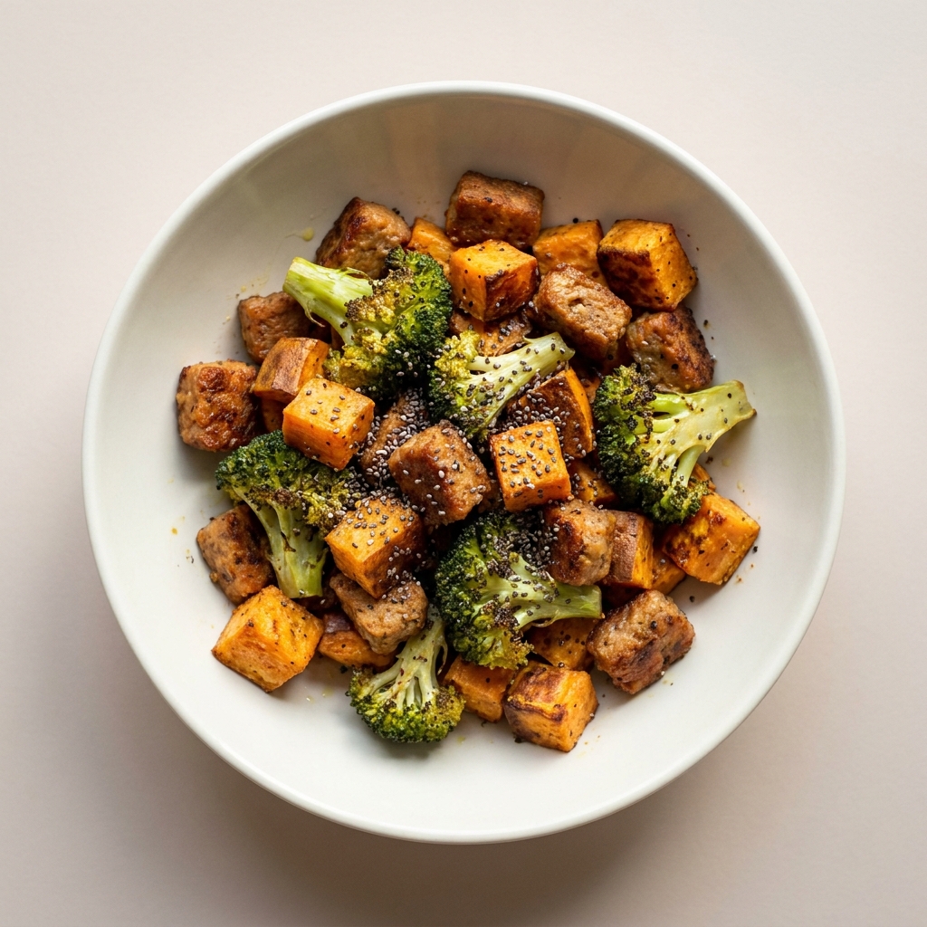 Roasted Quorn and Sweet Potato Fiber Bowl, prepared as a finished Lila recipe