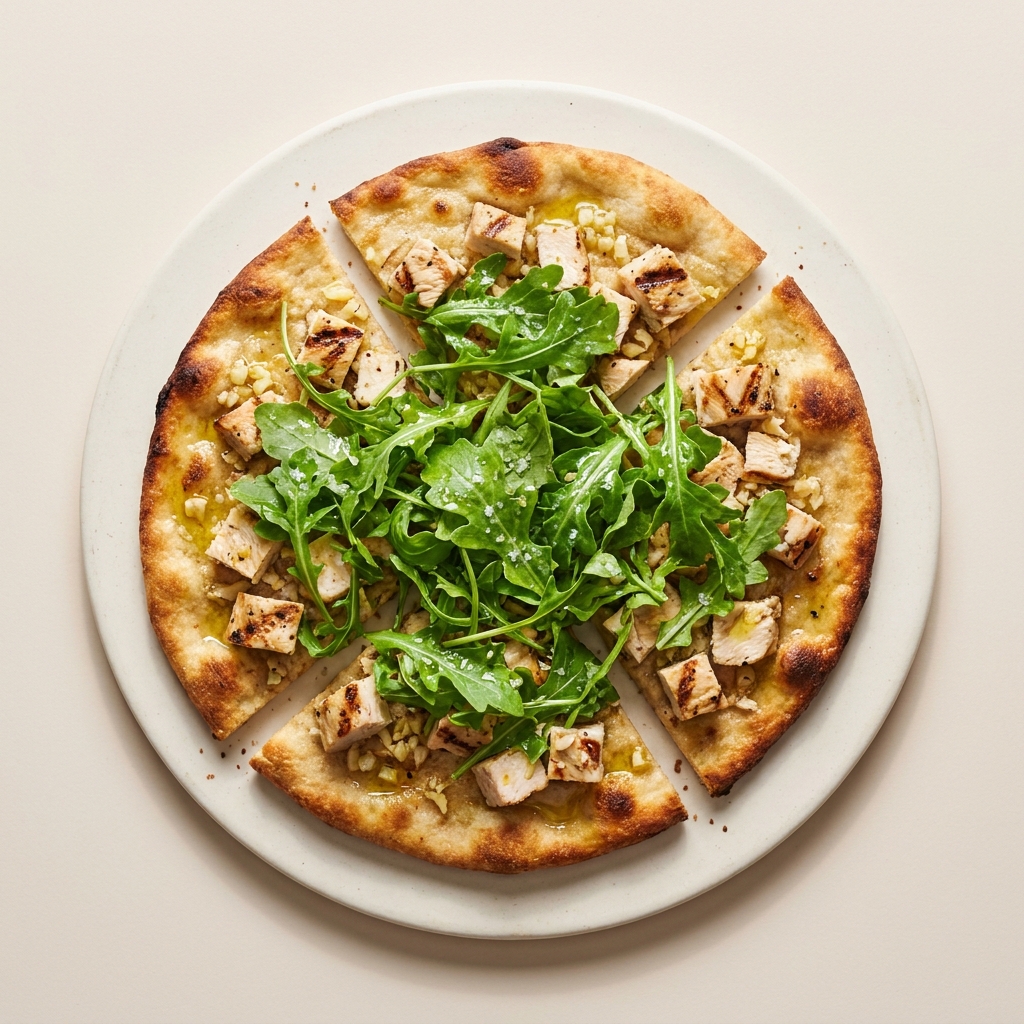 Grilled Chicken and Arugula Flatbread Pizza, prepared as a finished Lila recipe