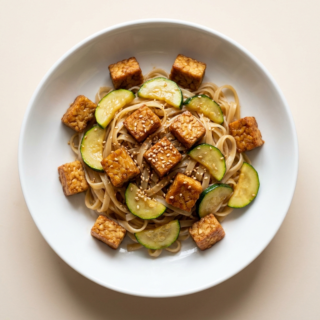 Warm Tamari Tempeh and Rice Noodle Stir-Fry, prepared as a finished Lila recipe