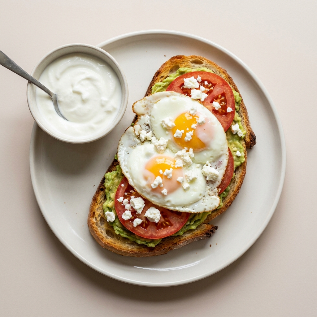 Avocado and Feta Toast with Fried Eggs and Yogurt, prepared as a finished Lila recipe