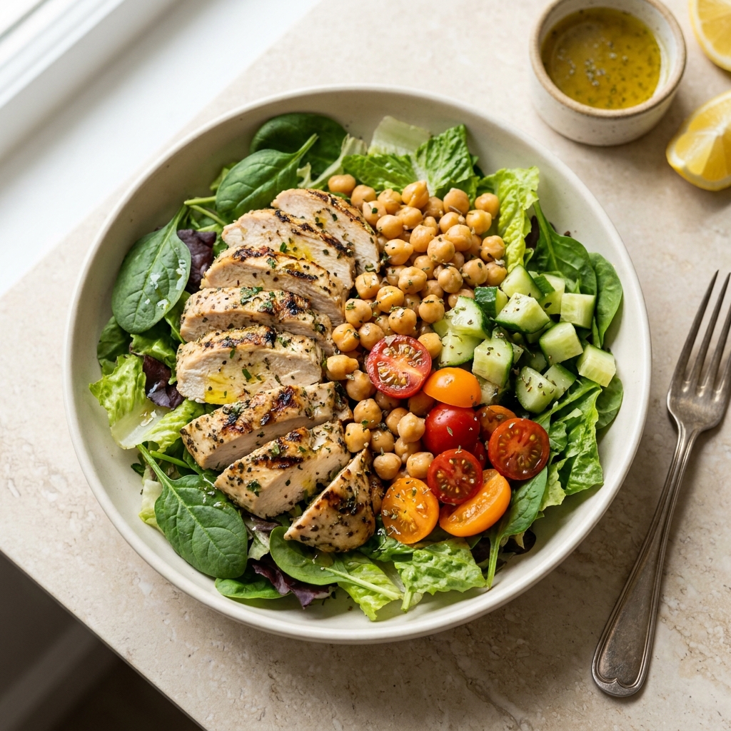 Double Chicken Mediterranean Power Bowl, prepared as a finished Lila recipe