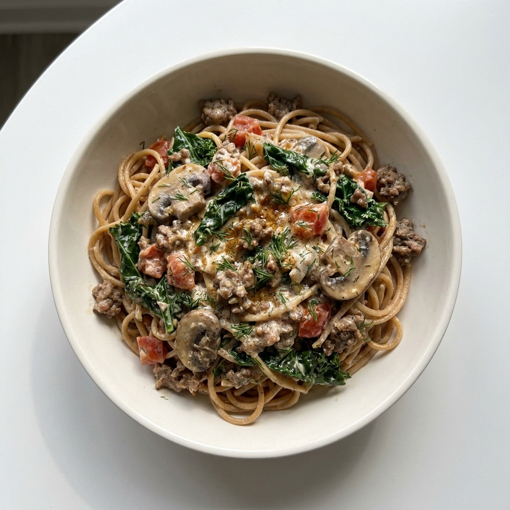 Creamy Beef and Mushroom Kale Pasta, prepared as a finished Lila recipe