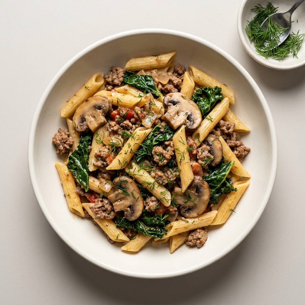 Savory Beef Mushroom Kale Pasta, prepared as a finished Lila recipe